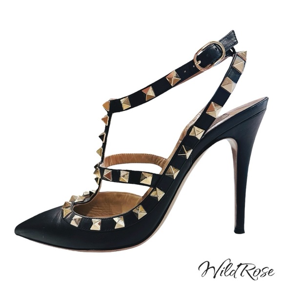 VALENTINO GARAVANI Black Leather Strappy Rockstud Ankle Strap Heels SZ 37 - Picture 8 of 17